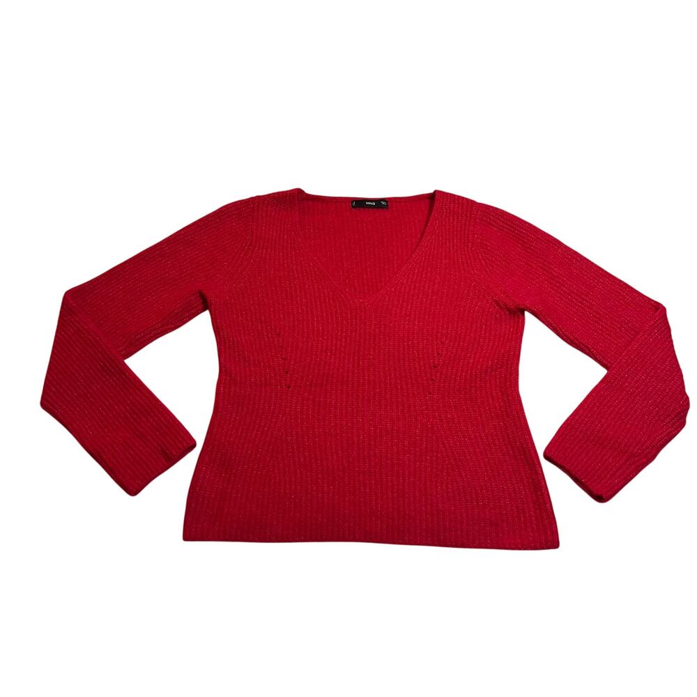 MNG V-Neck Ribbed Knit Sweater Size L Colorful Cozy Classic Preppy Casual Office